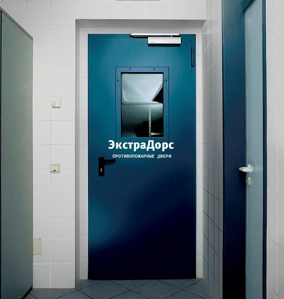 Противопожарная дверь 1 типа синяя c выпадающим порогом с остеклением в Домодедово  купить